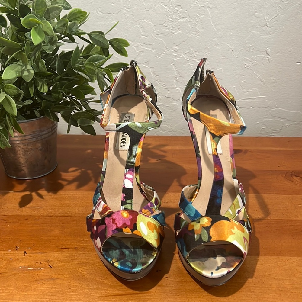 Steve Madden floral and black stiletto heels.